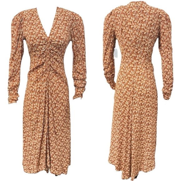 Joie Haruko Ruched V-Neckline Lightweight Floral Print Relaxed Fit Midi Dress - Picture 6 of 8